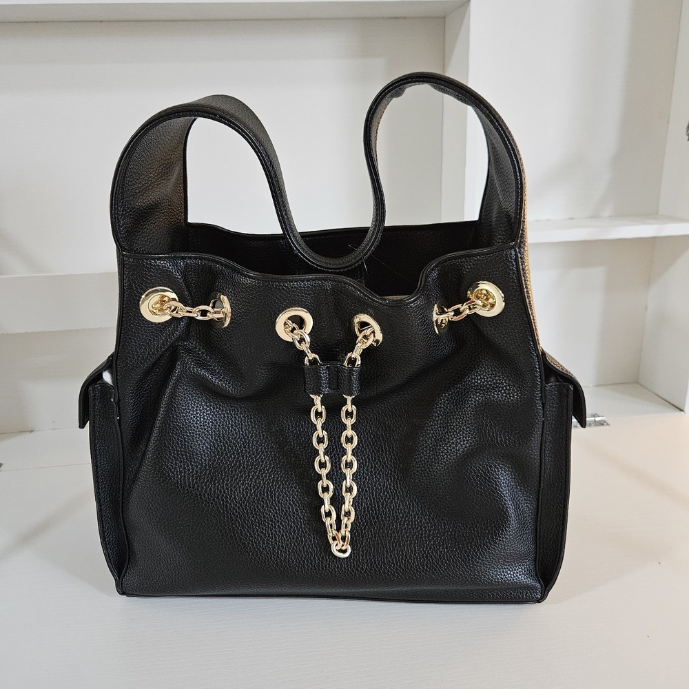 NWT On 34th Ahbie Black Pebbled Faux Leather Chain Tote Shoulder Bag - Gold Tone